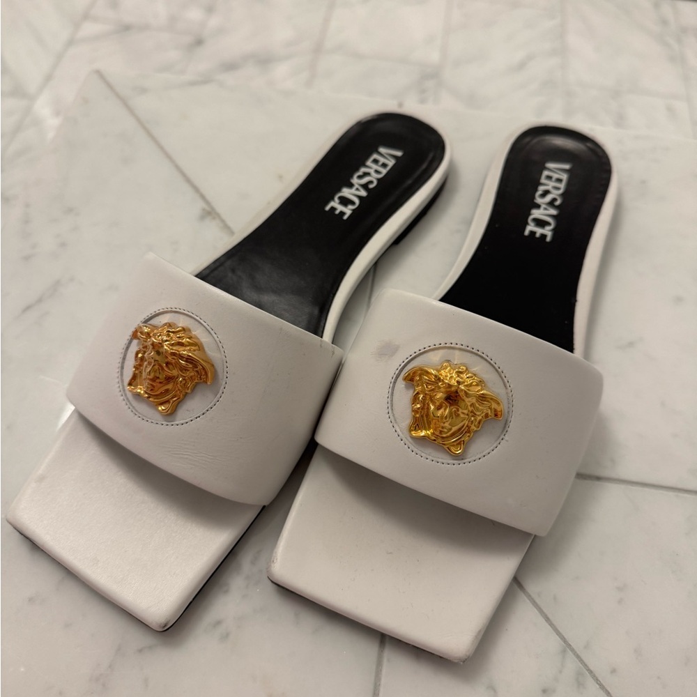 Versace White Sandals with Gold Medusa Emblem